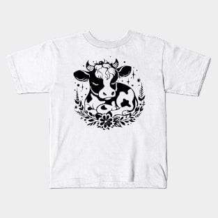 Cute Cow with Floral Wreath Black and White Artwork Kids T-Shirt